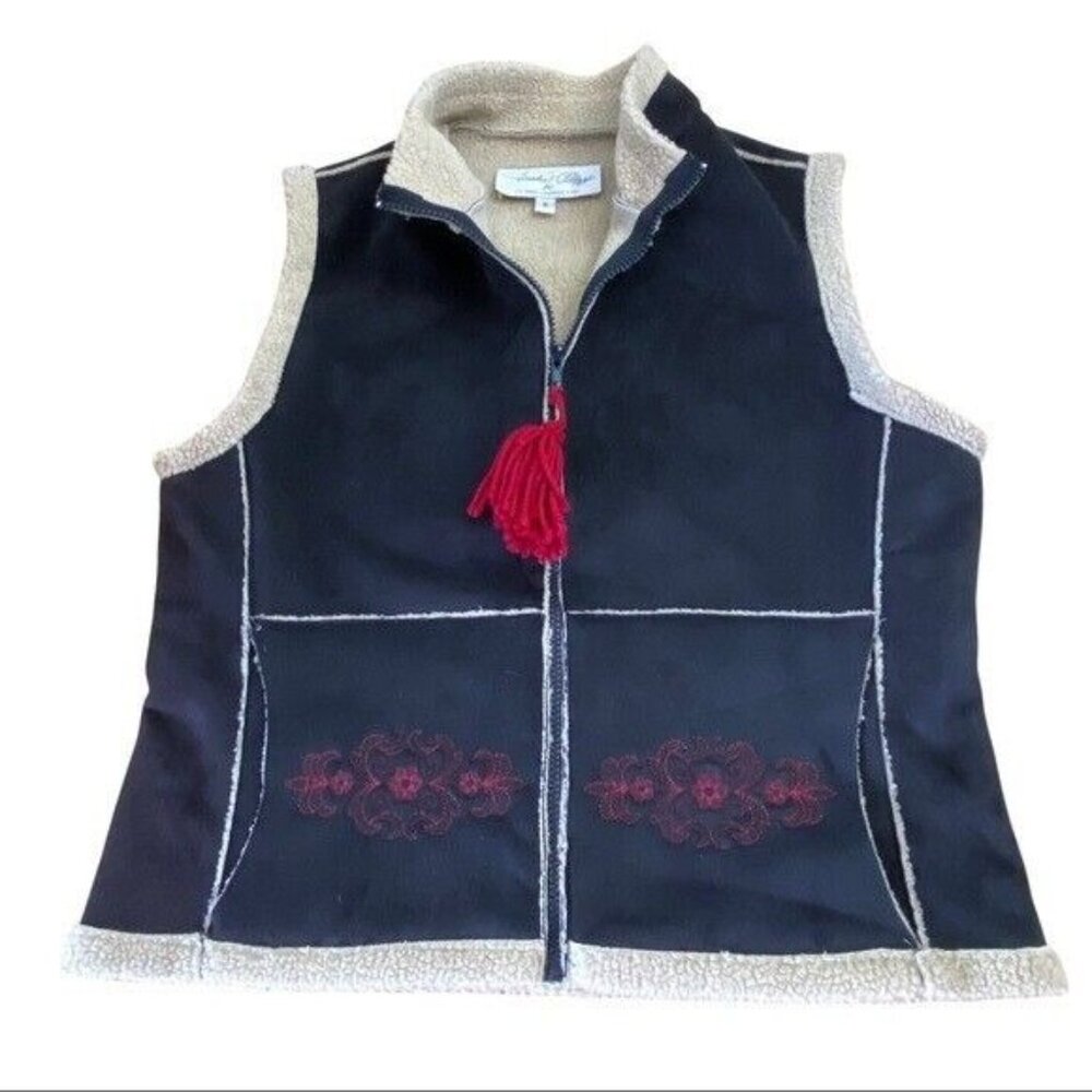 Tasha Polizzi Black Faux Suede Sherpa Lined Vest Embroidered Full Zip Small Warm